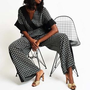 NWT DVF Diane Von Furstenberg Plaid Faux Wrap Silk Jumpsuit